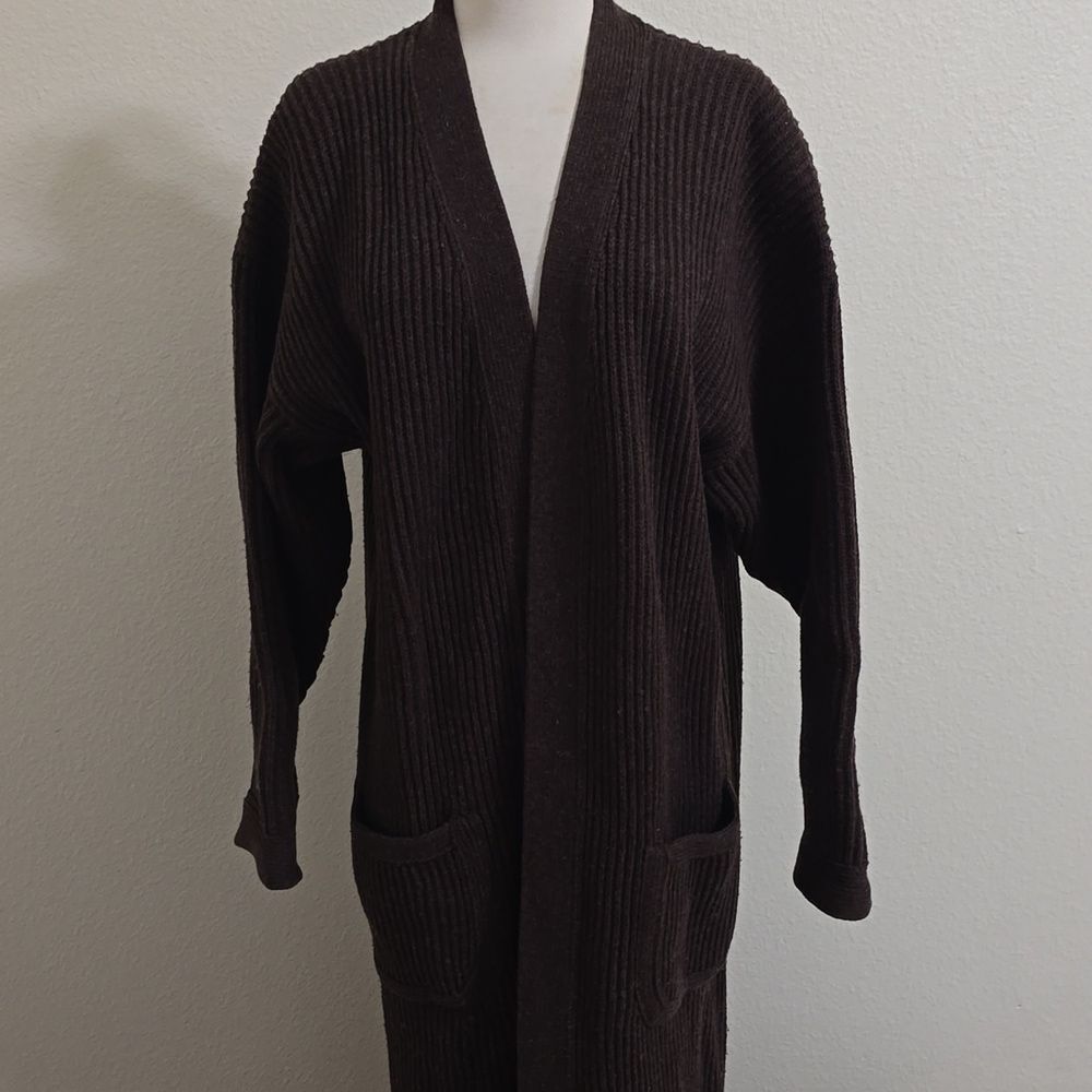 Vintage J. Peterman Charcoal Brown Ribbed Knit 100% Wool Chunky Long Cardigan M